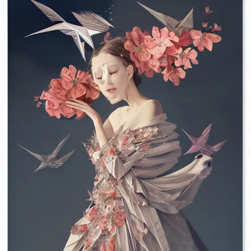 Image similar to 3 / 4 view of a beautiful girl wearing an origami dress, eye - level medium shot, fine floral ornaments in cloth and hair, hummingbirds, elegant, by eiko ishioka, givenchy, shinji aramaki, by peter mohrbacher, centered, fresh colors, origami, fashion, detailed illustration, vogue, japanese, reallusion character creator