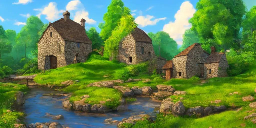 Image similar to a serene landscape with a small medieval stone house near a river in the style of Pixar, anime style, low saturation, high quality, highly detailed, 4k, complementary colours, cartoon