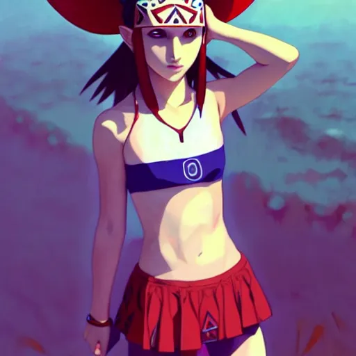 Image similar to beautiful boyish natalie portman gravure model in majora's mask, wearing wooden mask and baseball cap and leotard, street wear with subtle mayan patterns, aztec bathing suit, gapmoe yandere grimdark, trending on pixiv fanbox, painted by greg rutkowski makoto shinkai takashi takeuchi studio ghibli, akihiko yoshida