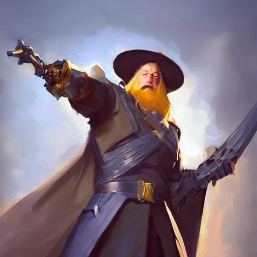 Image similar to greg manchess portrait painting of partially armored albus dumbledore as overwatch character, medium shot, asymmetrical, profile picture, organic painting, sunny day, matte painting, bold shapes, hard edges, street art, trending on artstation, by huang guangjian and gil elvgren and sachin teng