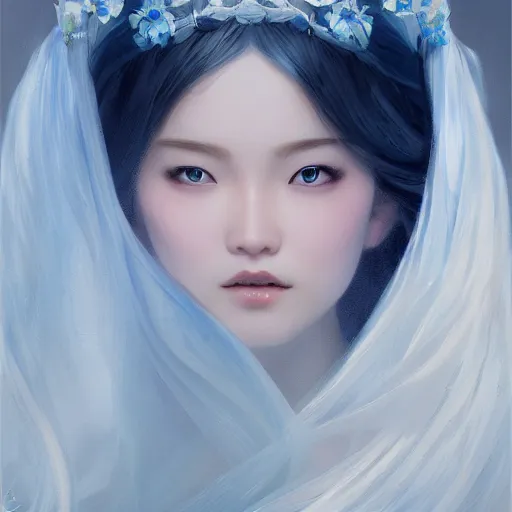 Prompt: chinese girl, watery blue eyes, long wavy white hair, white veil, front closeup, highly detailed, centered, oil painting, artstation, concept art by WLOP