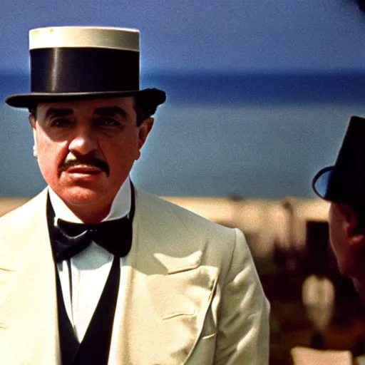 Prompt: the godfather wears a top hat. 5 0 mm, cinematic, technicolor. sea in the background.