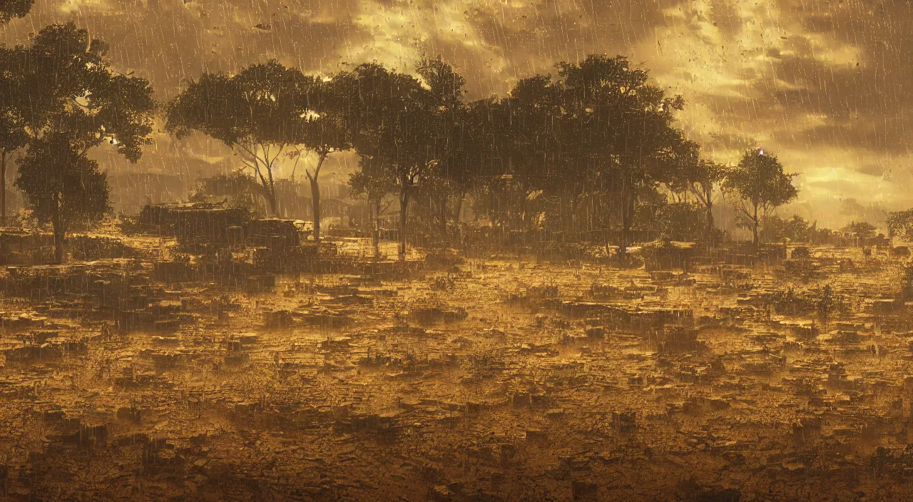 Image similar to The last rain on earth, hyper detailed photorealistic, golden hour