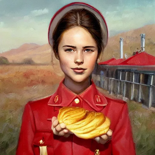 Prompt: high detail portrait oil painting illustration of beuatiful girl as soviet red army soldier eating hot baked bun, in khaki tunic, by justin sweet with face and body clearly visible, in a scenic background, pupils visible, realistic proportions, artstation trending, high quality, sombre mood, artstation trending, muted colours, entire person visible!