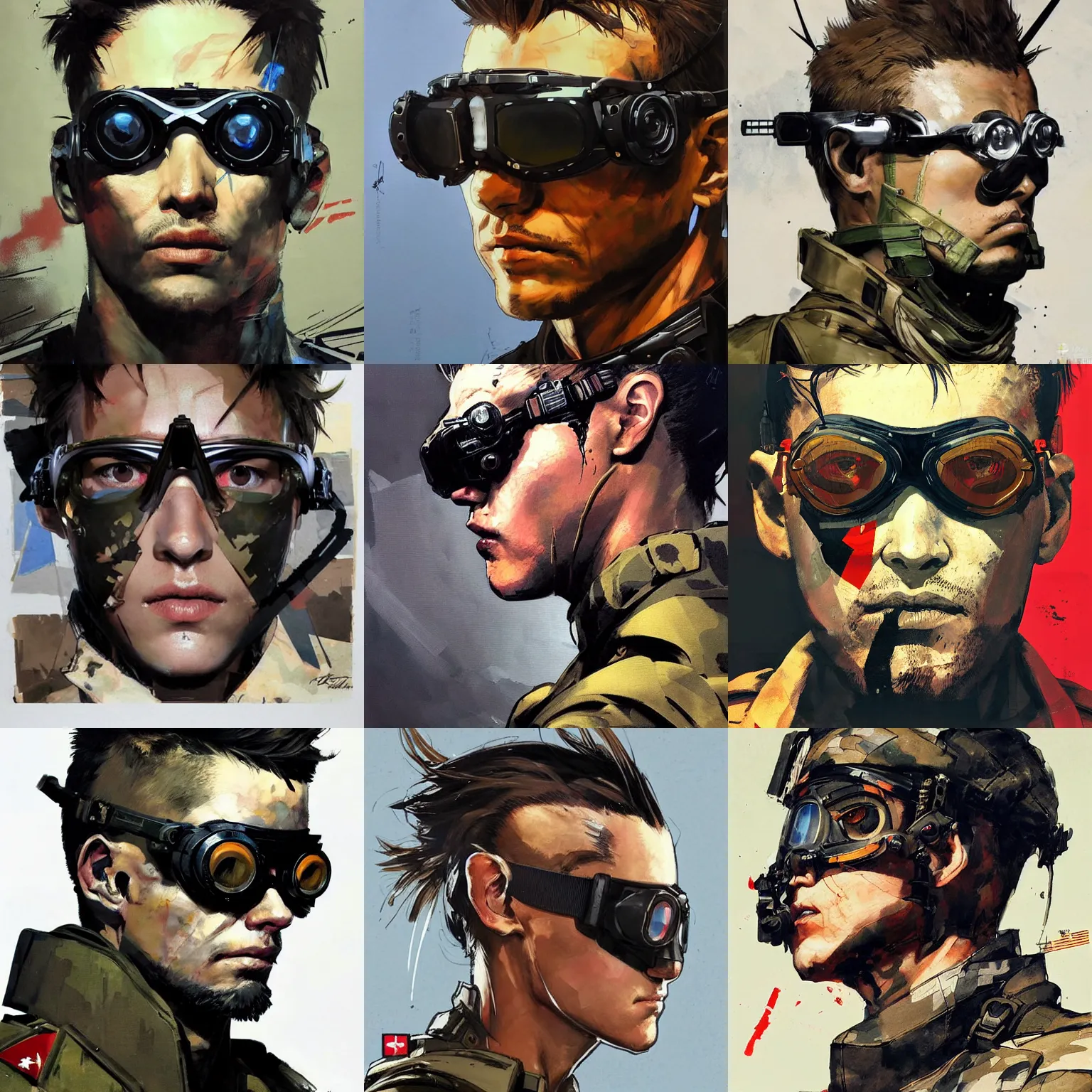 Prompt: a beautiful side portrait painting of a soldier. the soldier wears goggles with giant insect eyes, compound eyes. art by yoji shinkawa and sandra chevrier, trending on artstation, award - winning, perfect composition.