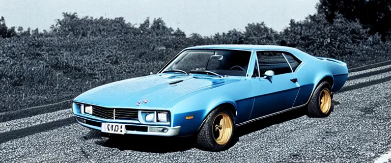 Prompt: denim blue audi camaro b 1 ( 1 9 6 9 ), establishing shot