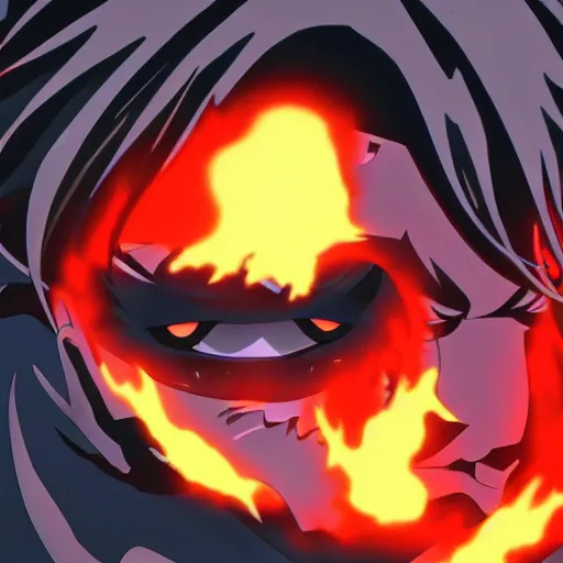 Image similar to key anime visual of a devil with glowing black eyes; lava flowing; close up shot; trending on Pixiv