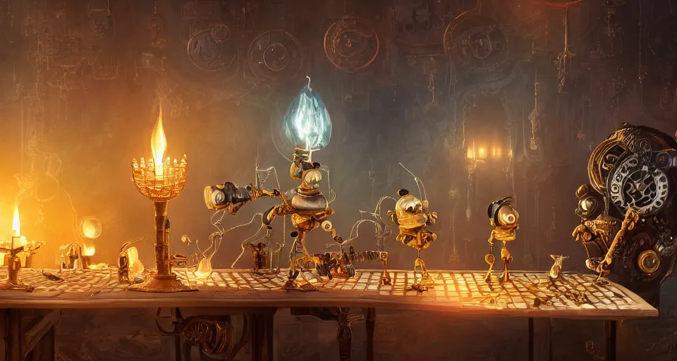 Image similar to a beautiful tapestry of a dream, a small robot playing 3 d chess, ultra detailed, cityscae, atmospheric, steampunk, moody, candles, characters from machinarium, by don bluth, trending on artstation, octane render, 8 k, ultra realistic