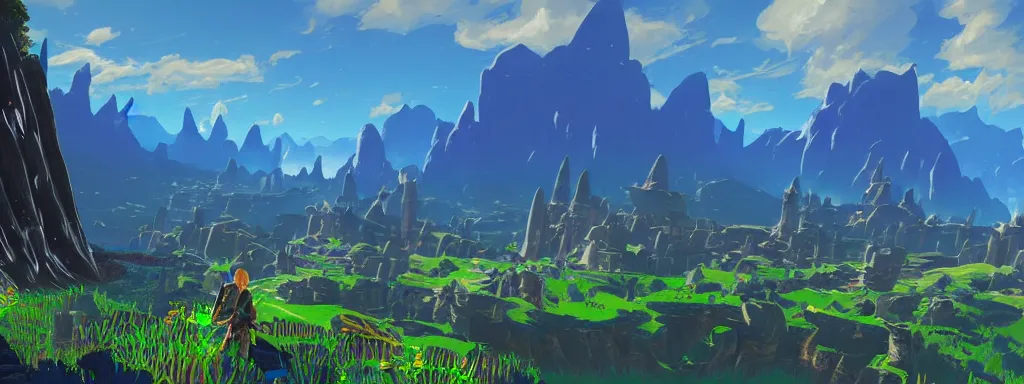 Image similar to matte painting of magnificent ethereal valley by Zelda breath of the wild, 8k, soft volumetric, displacement mapped