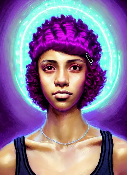 Image similar to portrait of teenage vanessa morgan with bright pink hair, black girl, curly pixie cut hair, wearing a purple breton cap, breton cap, hoop earrings, intricate, elegant, glowing lights, highly detailed, digital painting, artstation, concept art, smooth, sharp focus, illustration, art by wlop, mars ravelo and greg rutkowski