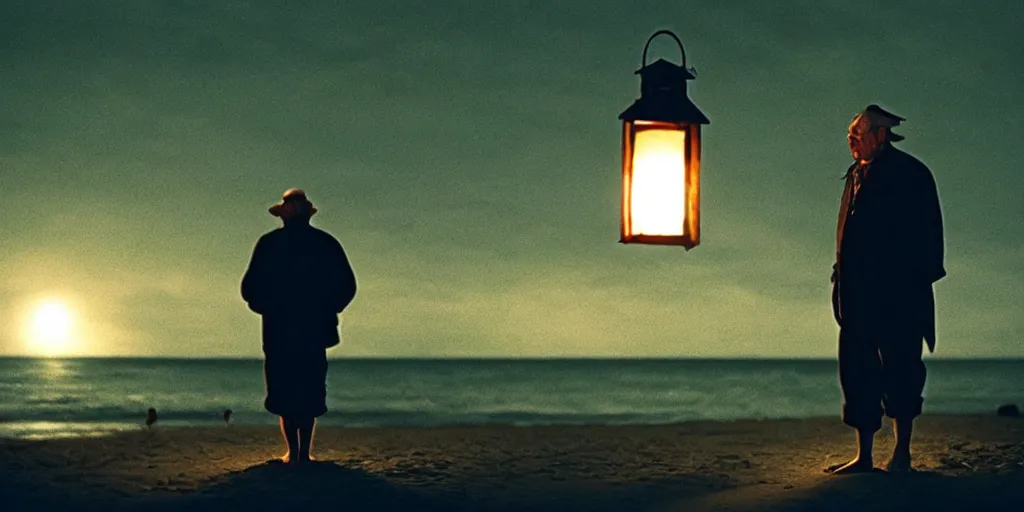 Image similar to film still of closeup old man holding up lantern by his beach hut at night. pirate ship in the ocean by emmanuel lubezki