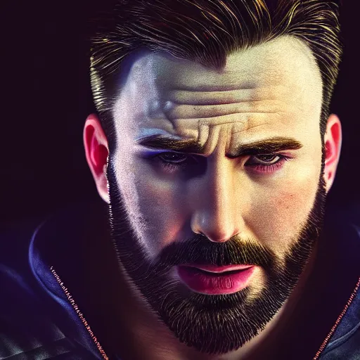 Image similar to chris evans portrait, cyberpunk 2 0 7 7, cyberpunk, photorealistic, ultra detailed, neon, octane, bokeh, cinematic lighting, cyber, cyberpunk city, studio quality, feature, scars, cyberface, 8 k