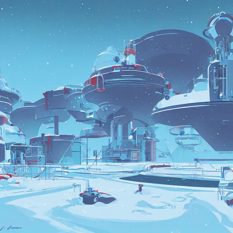 Image similar to A scientific base in north pole, cold, snowy, art by James Gilleard, James Gilleard artwork