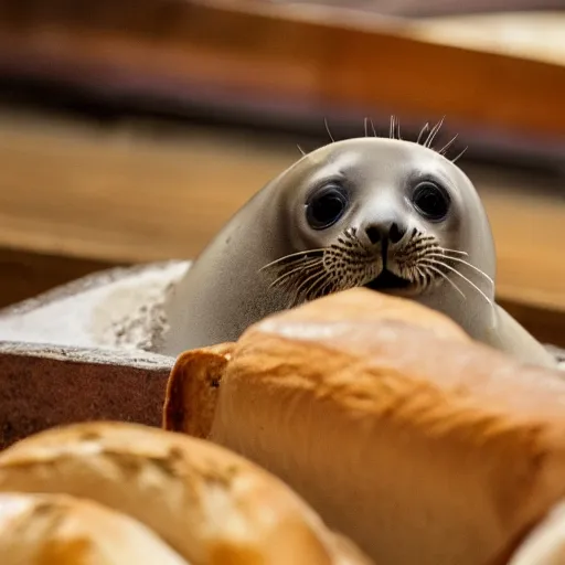 Prompt: baby seal hiding among loaves of bread at the grocery store, photo, realistic, 4k