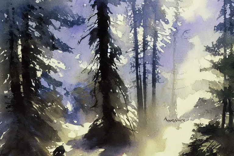 Prompt: small centered on watercolor paper, paint brush strokes, abstract watercolor painting of scandinavian view, crooked pine trees, twisted, cinematic light, american romanticism by hans dahl, by jesper ejsing, by anders zorn, by greg rutkowski, by greg manchess, by tyler edlin