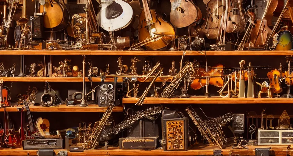 Image similar to a shelf of amazing magical musical instruments, cinematic lighting, detailed, beautiful colors, ornate 4 k