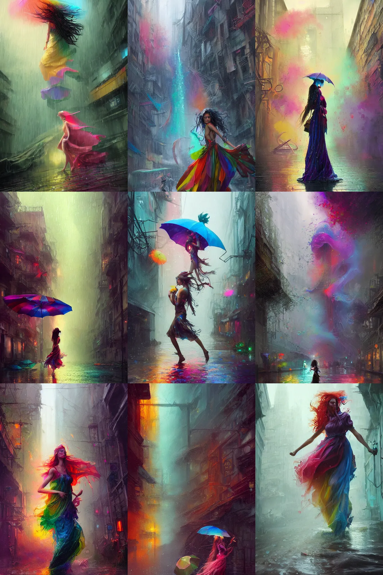 Prompt: a woman in rain, wet dress, hair in the wind, narrow passage, many colors, colorful, all colors of the rainbow, highly saturated colors, epic fantasy, Nicodemus Yang-Mattisson, greg rutkowski, Dan Mumford, Peter Mohrbacher, trending on artstation, concept art