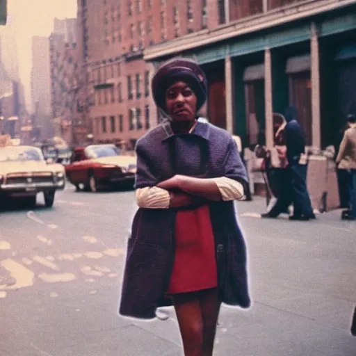 Image similar to medium format portrait of a woman in new york by street photographer, 1 9 6 0 s, stunning portrait featured on unsplash, photographed on colour expired film