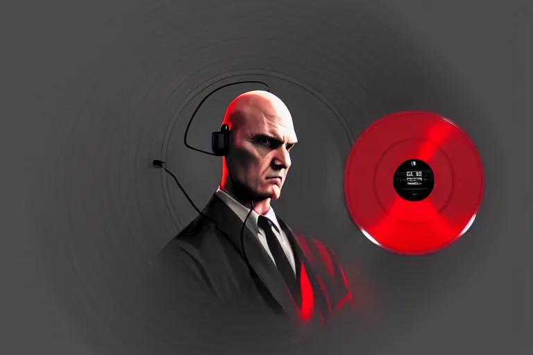 Image similar to a portrait of agent 4 7 from hitman wearing headphones and putting a vinyl record onto a turntable, dark background, red rim light, digital art, artstation, concept art by giger stalenhag