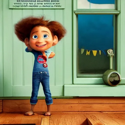 Image similar to a hero shot for a movie poster of an anthropomorphic main character of a kids movie by pixar, proudly smiling and standing in front of a small and compact wooden house