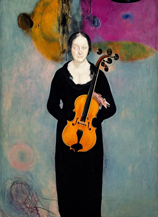 Prompt: front view of woman standing with violin down painted by vincent lefevre and hernan bas and thomas houseago and pat steir and hilma af klint, psychological, photorealistic, symmetrical face, dripping paint, washy brush, rendered in octane, altermodern, masterpiece