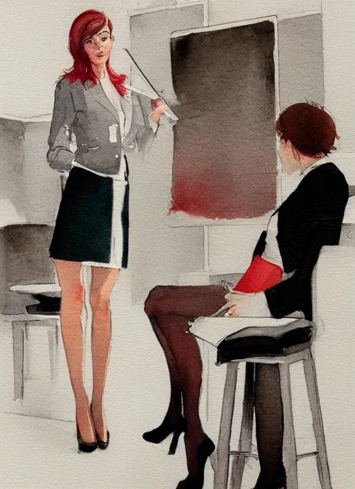 Image similar to concept art of a modern office life, young business woman, pencil miniskirt, pinterest, artstation trending, behance, watercolor, by coby whitmore, silver, laser light,