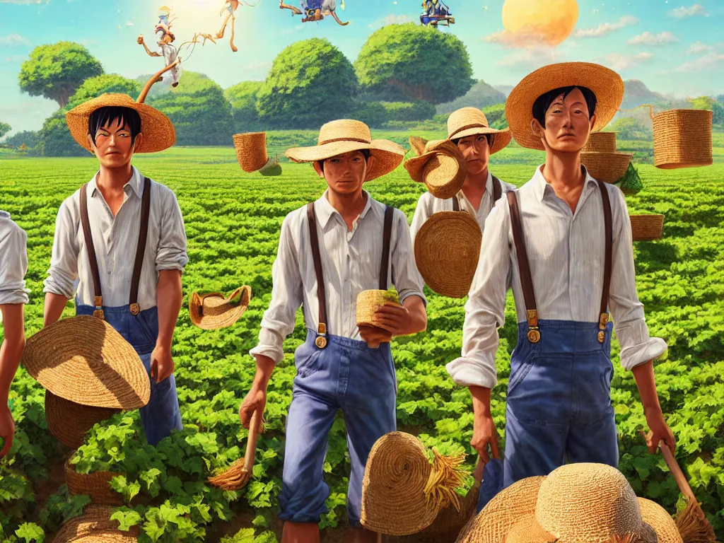 Prompt: mandragora farmers working on the sunny day, wearing a suspenders and straw hats, artgerm, artstation, art by hiroaki samura and jiro matsumoto and yusuke murata, box office hit, movie poster, unreal engine, octane render, sharp focus, high quality, highly detailed 8 k