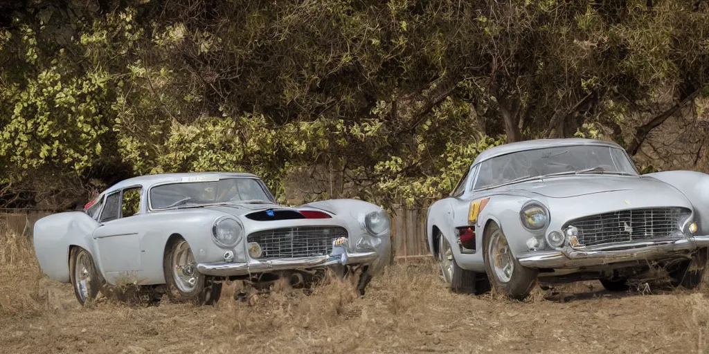 Prompt: photograph, 1958 FERRARI 250 GT, by Peter Singhof, press release, cinematic, malibu canyon, 8k, depth of field, bokeh. rule of thirds