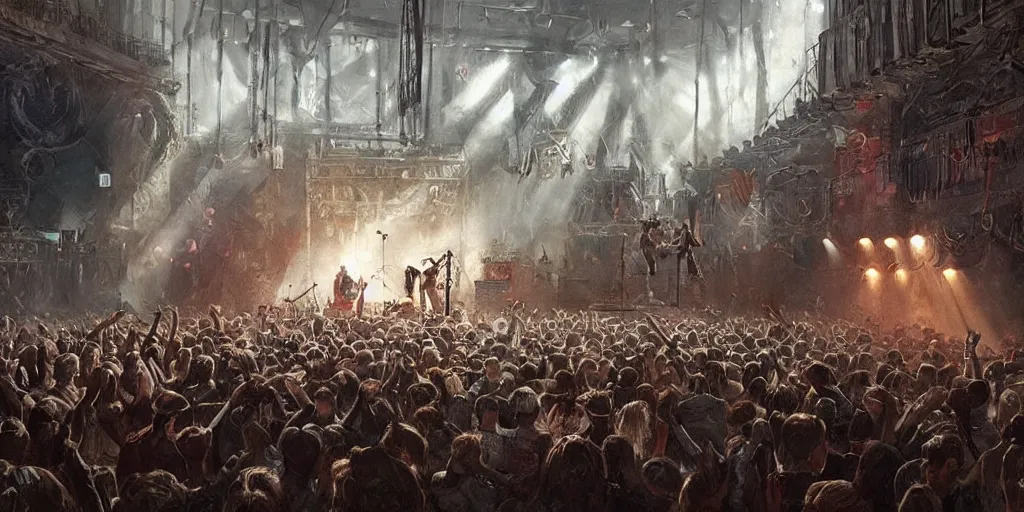 Image similar to a highly detailed a christian punk rock concert, painting by james gurney greg rutkowski photo by angelique boissiere art streiber, photorealistic, hyperdetailed, cinematic, filmic