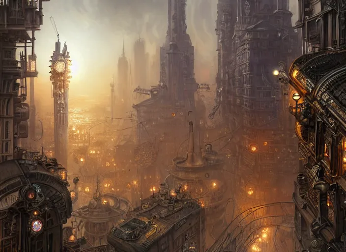 Image similar to an intricately detailed digital illustration of a steampunk metropolitan city - scape under siege from miniature glowing flying saucers firing disintegrator ray guns ultra realistic, concept art, intricate details, eerie, highly detailed, photorealistic, octane render, 8 k, unreal engine. art by artgerm and greg rutkowski and charlie bowater and magali villeneuve and alphonse mucha