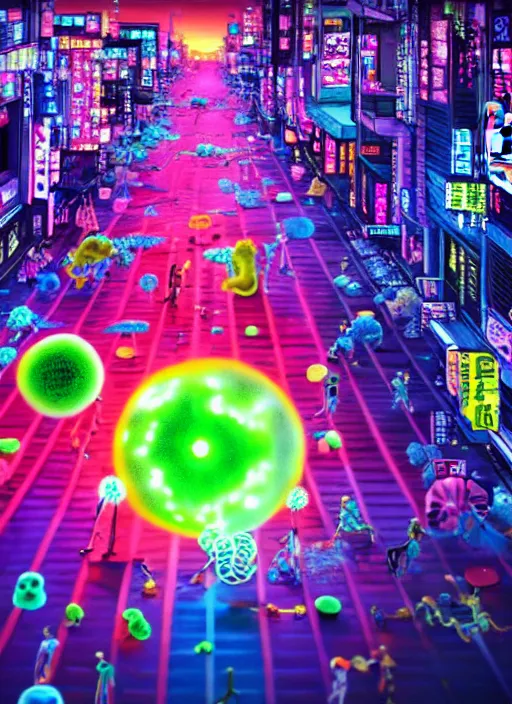 Prompt: giant colorful bright microbe and virus and dna and bacteriophage eat people in streets, neo - tokyo, realistic, 8 k, ultra detailed