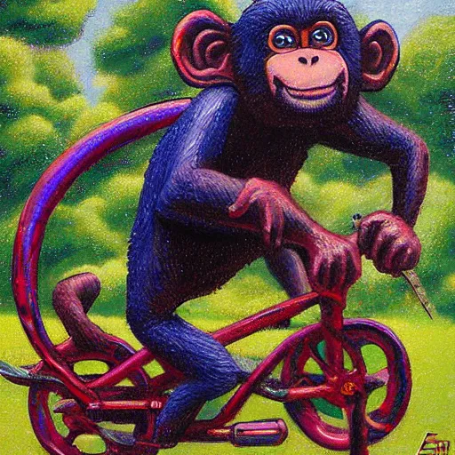 Prompt: a monkey riding a bike by eric joyner