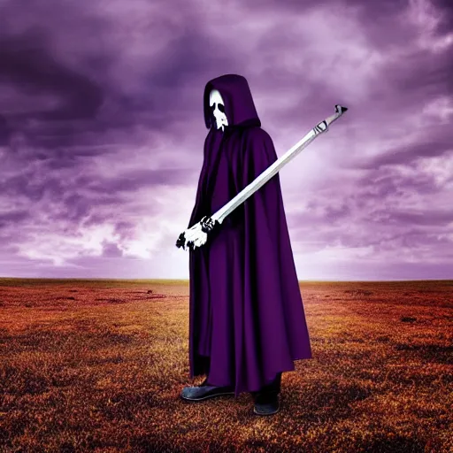 Image similar to grim reaper, purple cloak, full body, scythe