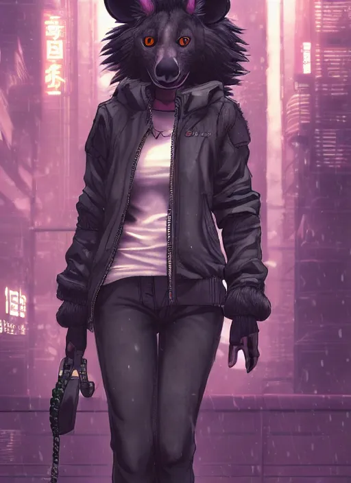 Image similar to character portrait of a female anthro hyena fursona with a cute beautiful attractive furry face and long black curly hair wearing a police bomber jacket in a cyberpunk city at night while it rains. hidari, color page, tankoban, 4K, tone mapping, Akihiko Yoshida.