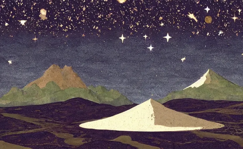 Prompt: mountains, stars and paisley filled sky, artstation, intricate, highly detailed, digital painting, concept art, sharp focus, illustration by Piero della Francesca and Ivan Bilibin