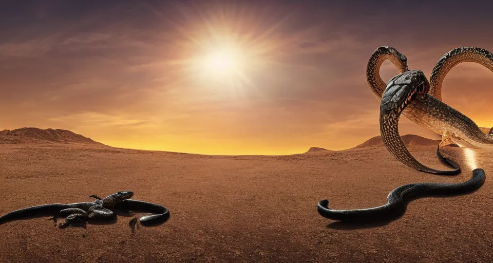 Image similar to photo of a snake riding on the back of a crocodile in the middle of the mojave desert. photorealistic, award winning, sunset, lens flare, atmospheric lighting, 4 k