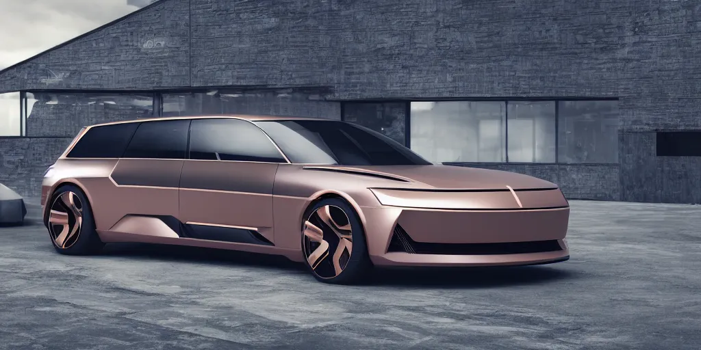 Prompt: a design of a futuristic stationwagon, designed by Polestar and DMC, northern lights background, brushed rose gold car paint, black windows, dark show room, dramatic lighting, hyper realistic render, depth of field