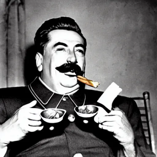 Image similar to stalin eats french fries with ketchup while smoking cigar