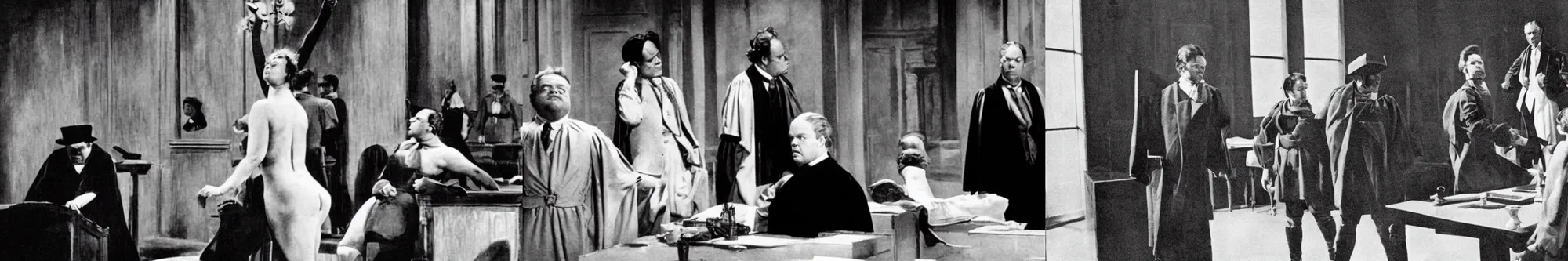 Prompt: still of the trial by orson welles in the style of a novel of marquis de sade with a woman accused in the center of a large courtroom. a lawyer and a judge perform a tiring interrogation