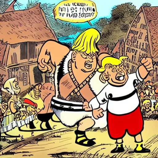 Prompt: “ a comic version from donald trump looking like obelix standing in a gallic village, inspired by the asterix comics, by albert uderzo ”