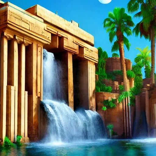 Image similar to old egyptian structures with waterfalls, epic retrowave art, trending on art station