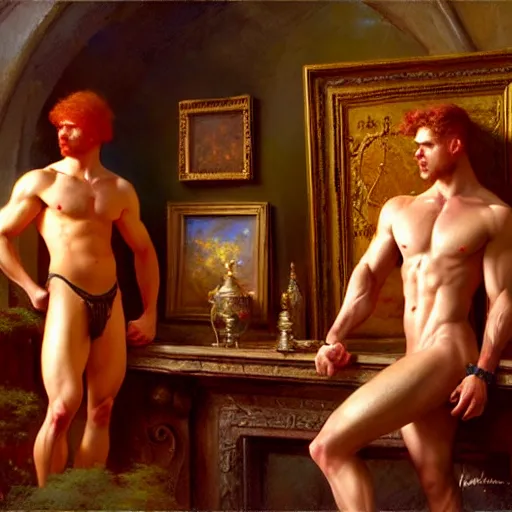 Image similar to attractive muscular mike with ginger hair with attractive tyler with brunet hair, drinking their hearts out, in their noble mansion. image defined to the maximum and highly detailed painting by gaston bussiere, craig mullins 8 k