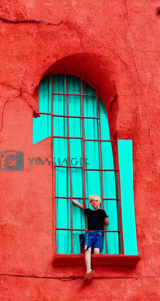 Prompt: blonde boy hanging out the window of pastel red ancient spanish architecture, teal sky behind the building, beautiful, minimalistic, aesthetic, two tone, photorealistic