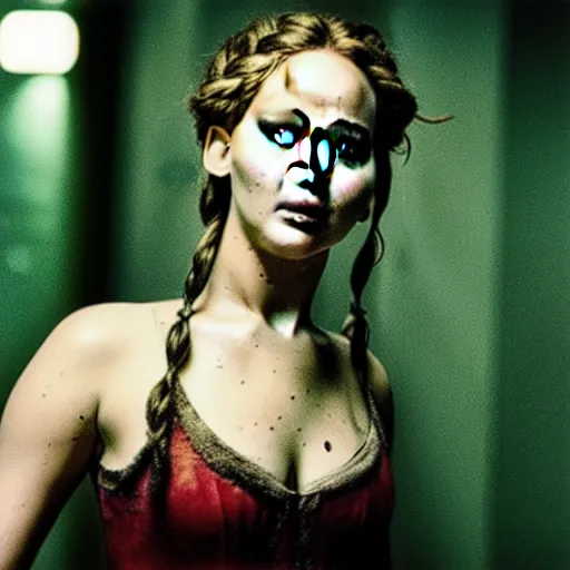 Image similar to jennifer lawrence as frankenstein's monster, color photography, sharp detail, still from the movie