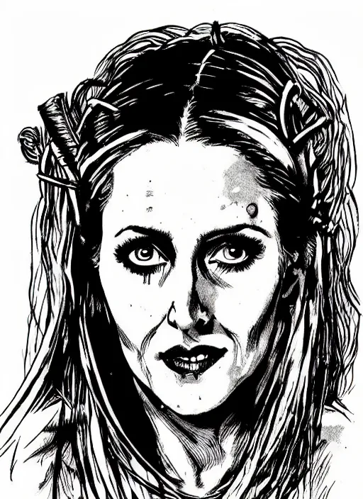 Image similar to beautiful portrait commission of a beautiful Gillian Anderson as Xena the warrior princess in a vintage gothic style. character design by ralph steadman, detailed, inked, western comic book art