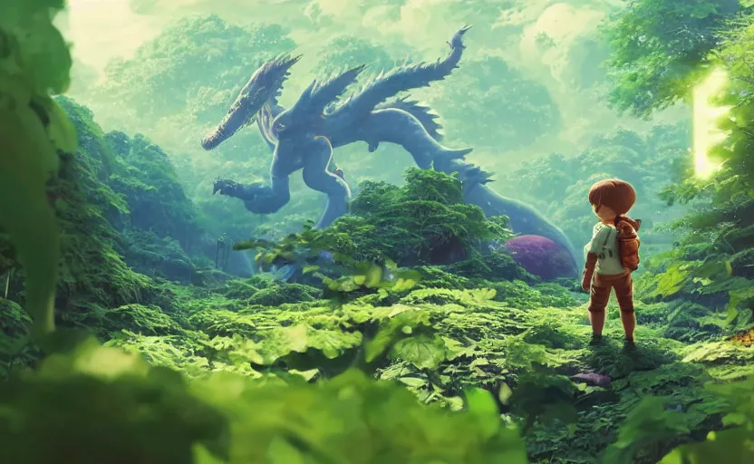 Image similar to a still of a cute adorable tiny astronaut, on a planet of lush foliage, with an enormous kaiju dragon surrounding, magical forest, sharp focus, neon backlit, highly detailed, disney pixar studio ghibli makoto shinkai, digital painting, matte, octane render, global illumination, iridescent, anime, 8 k concept art