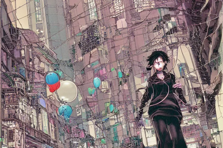 Image similar to an intricate, awe inspiring cyberpunk illustration of a girl with balloon, wires and cables coming out, by masamune shirow and katsuhiro otomo ((colorful))