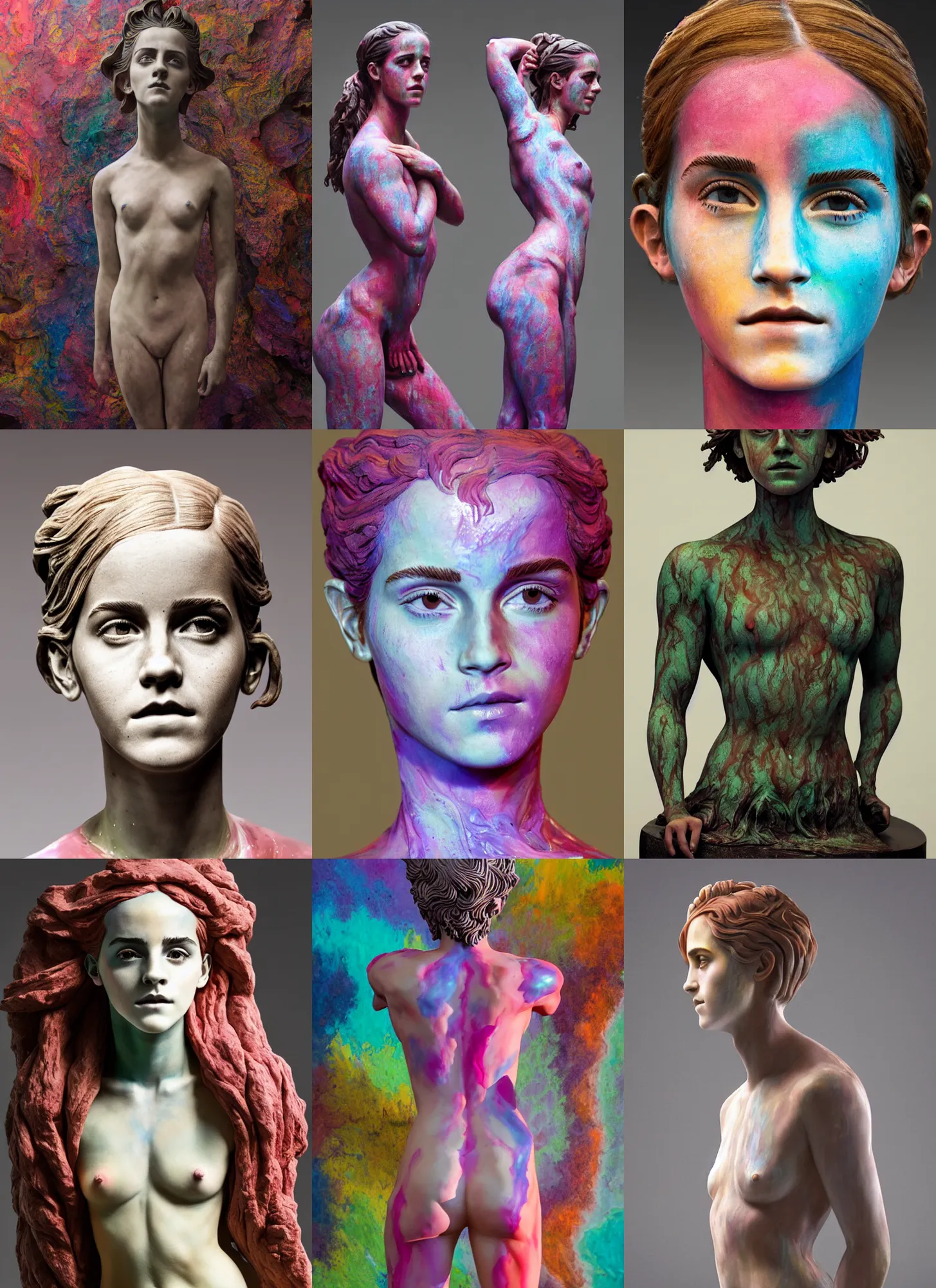 Prompt: sculpture of Emma Watson by Jean-Baptiste Carpeaux and Luo Li Rong and Michael James Talbot, all body, standing athletic pose, perfect symmetrical face, psychedelic colors, bodypaint, acrylic paint splashes, in full growth, elegant, realistic, 8K, female full-skin figure, hyperrealism, subsurface scattering, raytracing, rim light, Octane Render, Redshift, Zbrush