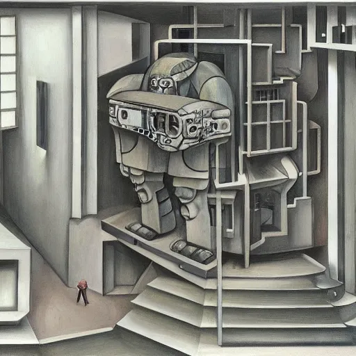 Image similar to cutaway section of a giant robot revealing people living inside, brutalist, dystopian, pj crook, edward hopper, oil on canvas