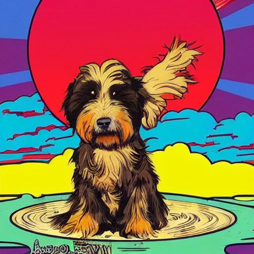 Prompt: havanese dog, sunset illustration, pop art, splash painting, art by geof darrow, ashley wood, alphonse mucha